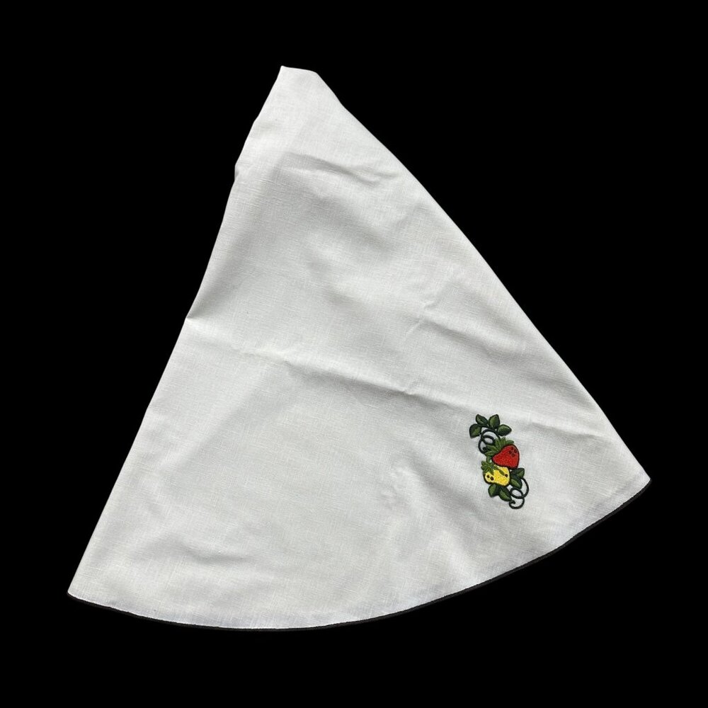 Vintage Oval Tablecloth 1970s Cream Embroidered Strawberry Patches Red Yellow